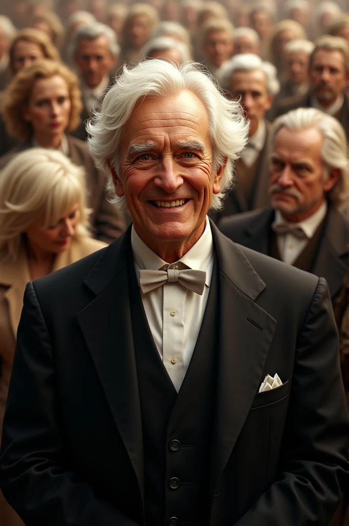 There is an old man who is wearing a black suit and white shirt, his hair is fair and scattered and he is smiling, there are 20 people behind him, in which people have fair hair.