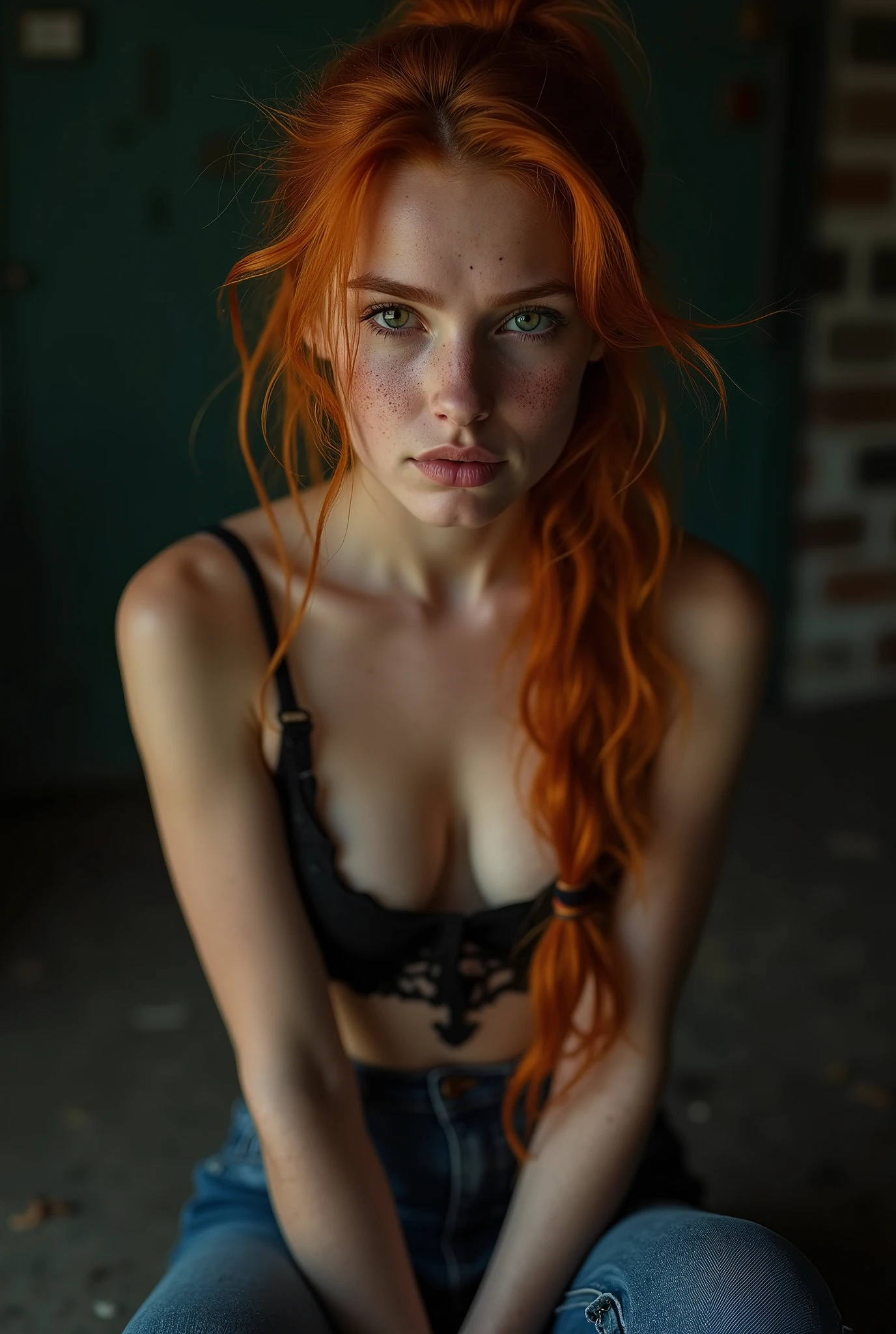 (8k, Foto RAW, extremely high quality),(epic realistic:1.5), a girl, Dynamic Stance, de corpo inteiro, ?????? face,chemise,(detailedeyes:0.8),(looking at the camera:1.4), (extremely high quality), (best shade),details Intricate,cinemactic,((Skinned:1.4)),hinterland, (long ponytail ginger hair:1.3),Dark Studio,(HDR:1.5),circunstanciado, Muted colours, freckles, (clear lighting: 0.7), master part, wide-angle shot, Foto RAW (19-year-old pale Irishwoman, gazing at viewer) (Right now, disheveled, with tangled bright red hair), (sitting down), full - length portrait, face perfect, captivating eyes, glowing details, pouting lips (alto detalhe da Skinned), freckles, ??????????????, hard (Tint: 0.6), (grimy: 0.8), (Bloody: 0.7), key lighting, (contra-luz: 0.5), medium depth of field, 5D Canon, O 50mm, F/4 aperture, (ultra detali, Complex detail), sharp focus, 8k, absurdrez, 8mm film grain, ???????? with camera