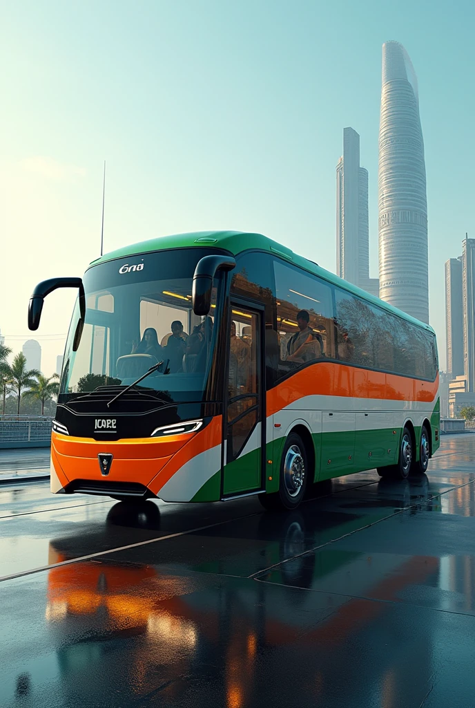 Imagine a Indian Flag Colored luxury Bus long
 seater Futuristic 