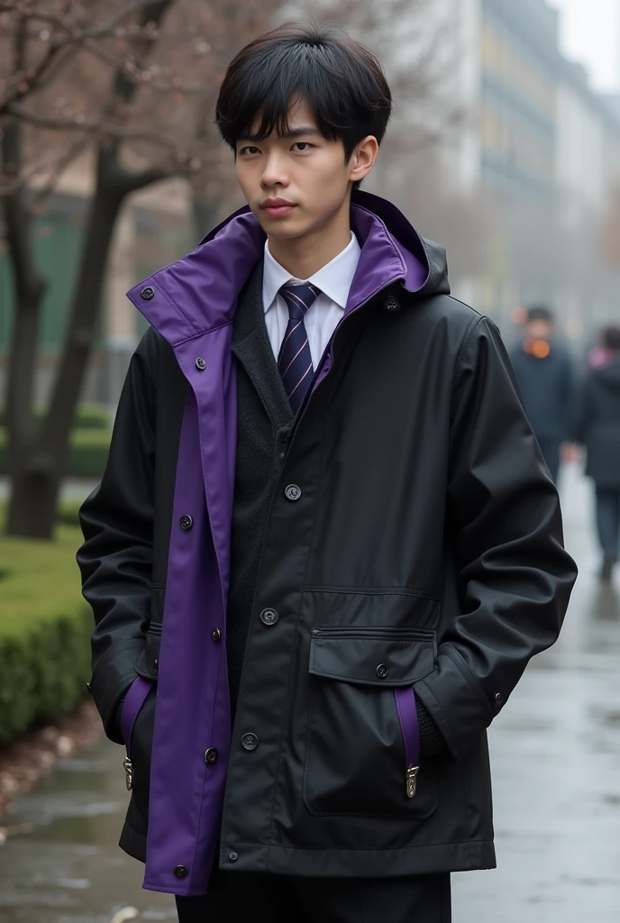 A black and purple cotton raincoat with a simple and elegant design that matches the male student uniform.