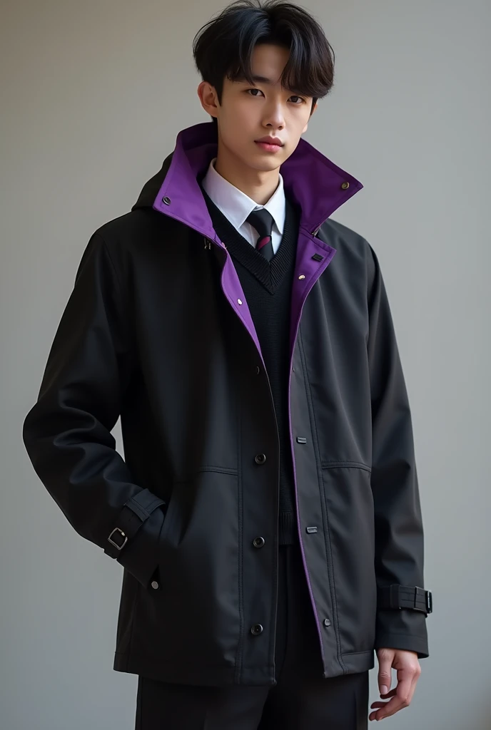 A black and purple cotton raincoat with a simple and elegant design that matches the male student uniform.