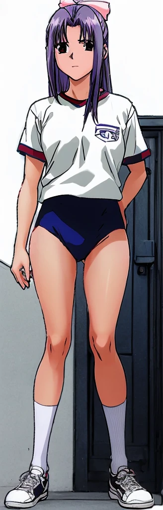 Momoko Koigakubo, a tall girl with beautiful legs, stands in a white gym uniform and light navy blue bloomers that look like panties.。