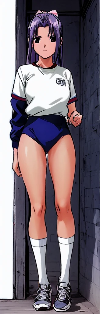 Momoko Koigakubo, a tall girl with beautiful legs, stands in a white gym uniform and light navy blue bloomers that look like panties.。
