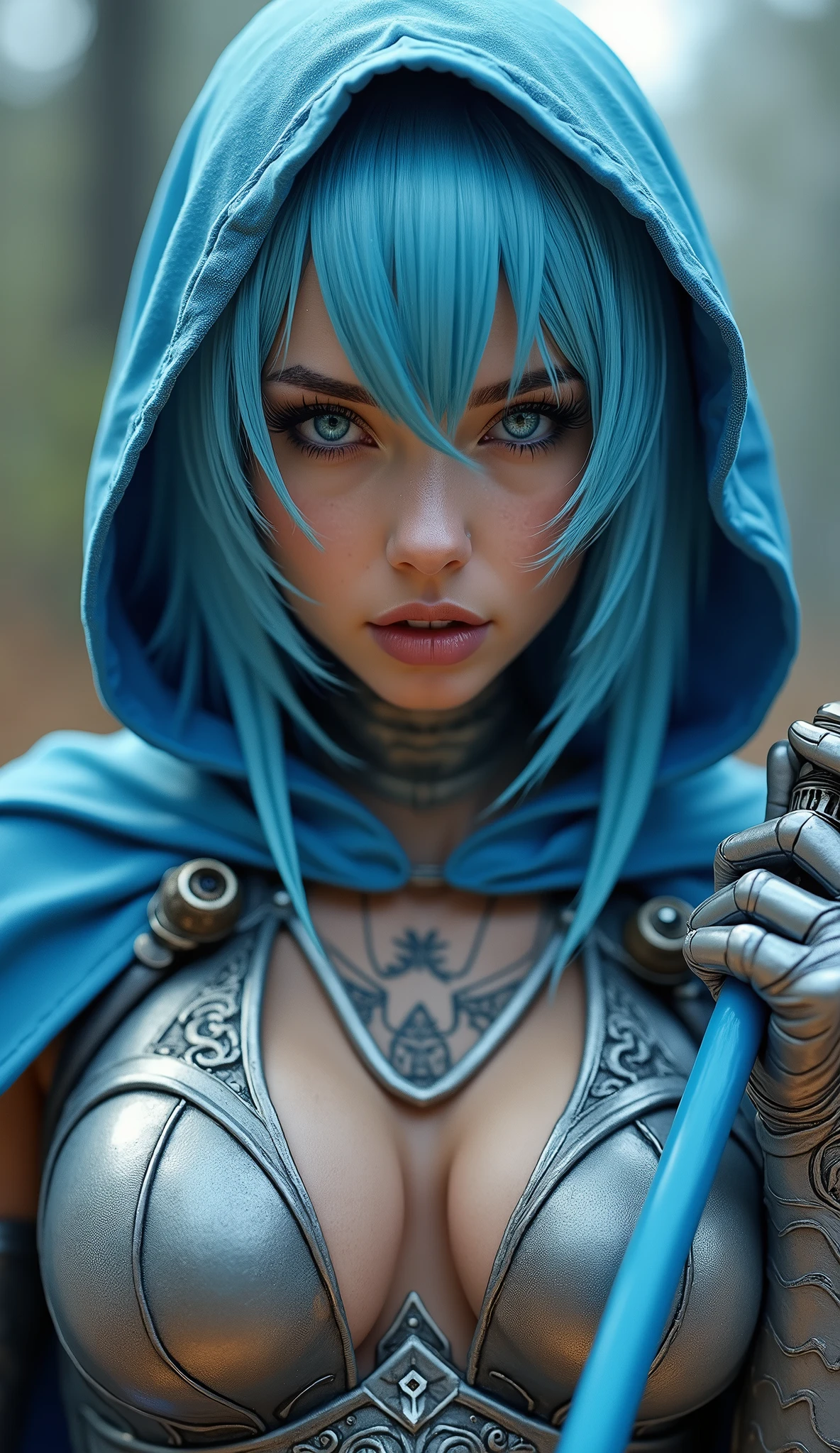 Captured from a low-angle perspective, a female warrior is depicted in a close-up shot. She is dressed in a metallic outfit, adorned with a blue hoodie and silver gloves. Her hair is styled in a short bob, adding a pop of color to her face. Her eyes are a piercing blue, and her lips are a darker pink. Her skin is covered in a pattern of black and white, while her hair is a light blue. She has a tattoo on her chest. Her left hand is raised, and she is holding a blue sword in her right hand. The background is blurred, suggesting a natural setting.