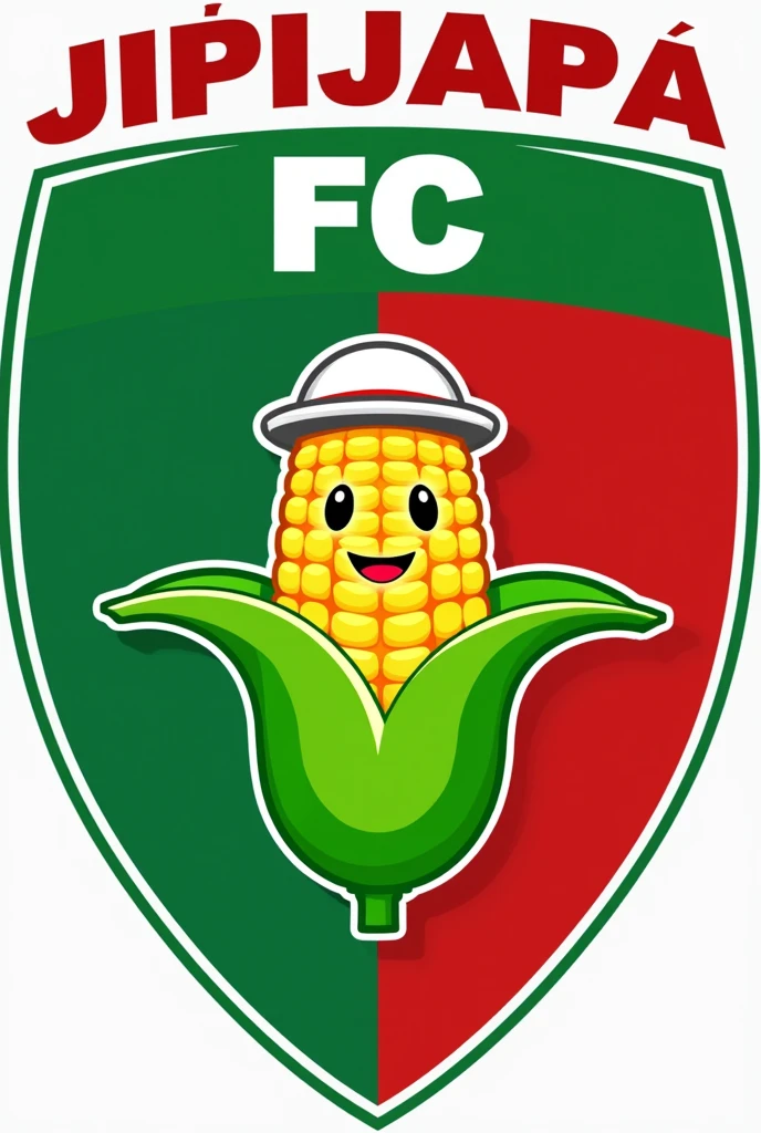 I want a soccer shield with the name ( JIPIJAPA FC ) at the top of the shield, with green and red colors on the inside, that has in the middle a small corncob with a happy face and a white hat 
