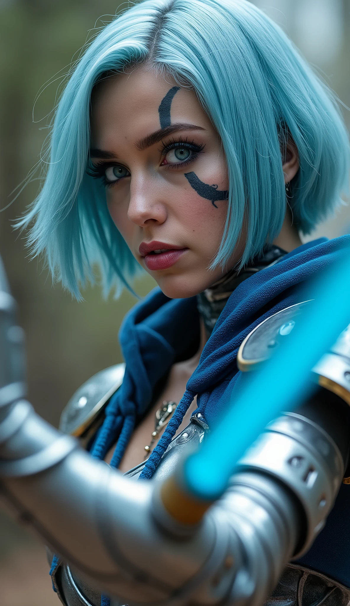 Captured from a low-angle perspective, a female warrior is depicted in a close-up shot. She is dressed in a metallic outfit, adorned with a blue hoodie and silver gloves. Her hair is styled in a short bob, adding a pop of color to her face. Her eyes are a piercing blue, and her lips are a darker pink. Her skin is covered in a pattern of black and white, while her hair is a light blue. She has a tattoo on her . Her left hand is raised, and she is holding a blue sword in her right hand. The background is blurred, suggesting a natural setting.