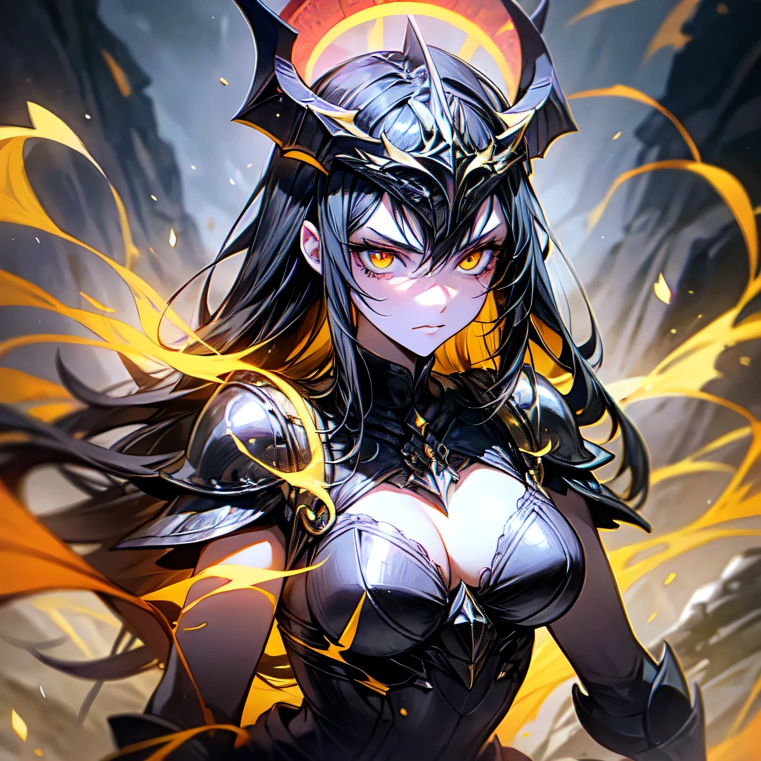 full body, The image features a dark, fantasy-themed female character who exudes power and mystery. She is clad in an elaborate, black armor that is detailed with gold accents and appears both menacing and regal. The armor is adorned with sharp, angular spikes, particularly on the shoulders, adding to her intimidating appearance. Her helmet is a significant feature, with large, curved horns that extend outward and upward, giving her a demonic or otherworldly look. The helmet partially obscures her face, but her eyes glow with a fierce, fiery light, suggesting she possesses powerful abilities or is of supernatural origin. A glowing orb is embedded in the center of her chest, radiating with bright, warm light. This orb is likely a source of great power or magic. Additionally, she holds two large, glowing orbs in each hand, which emit a strong, fiery light, further emphasizing her control over powerful forces. The background is a dark, rocky landscape under a twilight or night sky, with faint light illuminating the scene. The overall atmosphere of the image is intense and foreboding, suggesting that this character is a formidable presence in a dark fantasy world.