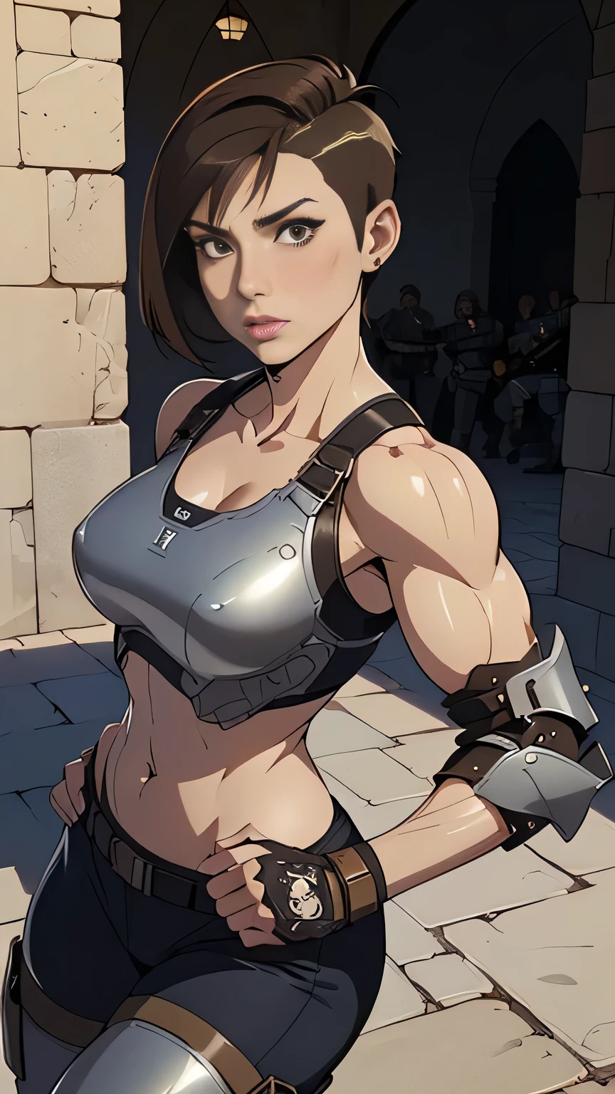 photo of mlp Meowko, RAW, beautiful woman, ((portrait)), ((detailed face:1.2)), ((anime face, anime facial feature, beautiful anime mouth, clear skin, clear skin), (short lesbian haircut, one shaved side, brunette: 1.55), (perfect proportioned body, Strong, muscular, narrow waist, narrow hips, skinny, medium breasts), ((she wears a detailed tactical gear:1.1), (body armor, chest plate, exposed belly button:1.1), combat pants, knee high boots), detailed background, castle courtyard, pavilion, fantasy city, (action shot, fighting), (realistic photo, best quality, detailed), (8k wallpaper), (cinematic lighting, beautiful light, (day:1.3)) (sharp focus, intricate)