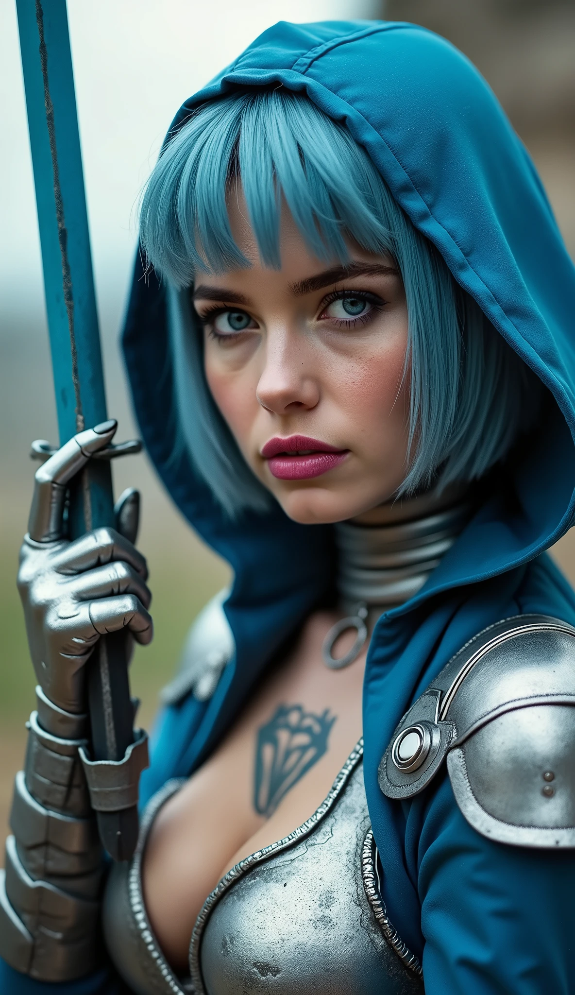 Captured from a low-angle perspective, a female warrior is depicted in a close-up shot. She is dressed in a metallic outfit, adorned with a blue hoodie and silver gloves. Her hair is styled in a short bob, adding a pop of color to her face. Her eyes are a piercing blue, and her lips are a darker pink. Her skin is covered in a pattern of black and white, while her hair is a light blue. She has a tattoo on her chest. Her left hand is raised, and she is holding a blue sword in her right hand. The background is blurred, suggesting a natural setting.