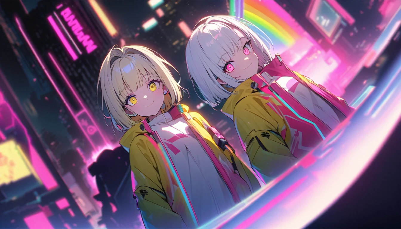 cyber punk,Yellow Hair,蛍光のYellow Hair,Fluorescent pink eyes,cyber punkな背景,Blurred Background,Yellow Jacket,Rainbow High Resolution, Attention to detail, Ultra-high resolution, ((Glowing pink eyes)),Portraits, ((Wide-angle shot,))smile,((whole body))、White Hair