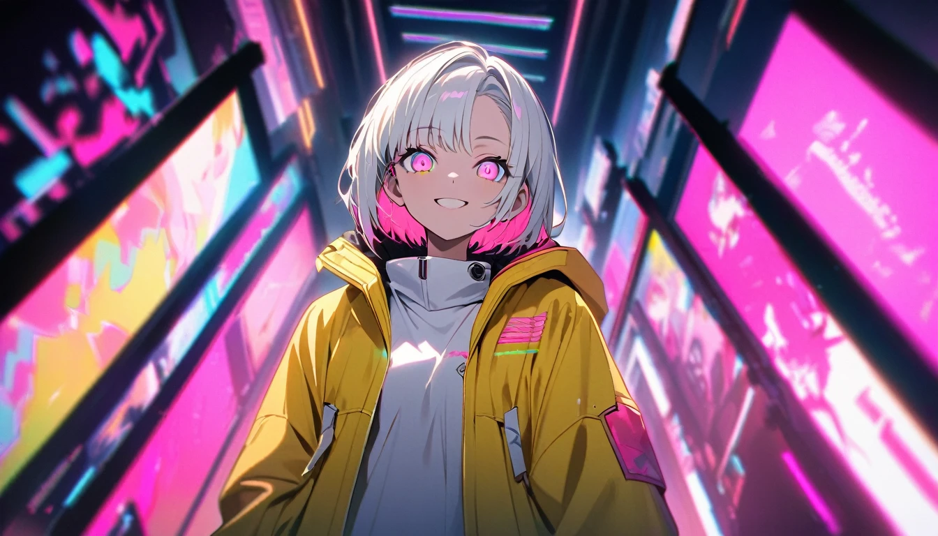 cyber punk,Yellow Hair,蛍光のYellow Hair,Fluorescent pink eyes,cyber punkな背景,Blurred Background,Yellow Jacket,Rainbow High Resolution, Attention to detail, Ultra-high resolution, ((Glowing pink eyes)),Portraits, ((Wide-angle shot,))smile,((whole body))、White Hair