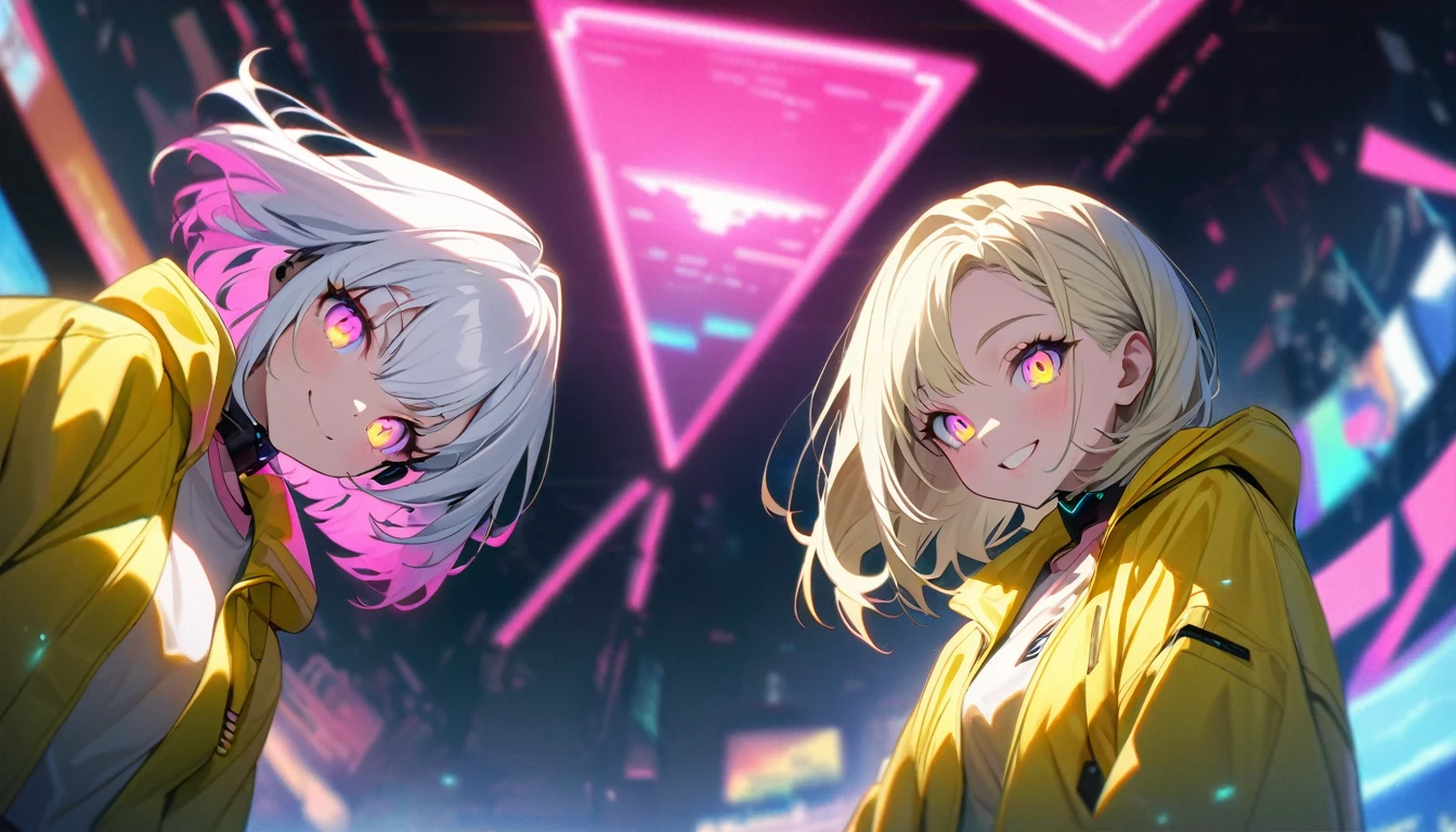 cyber punk,Yellow Hair,蛍光のYellow Hair,Fluorescent pink eyes,cyber punkな背景,Blurred Background,Yellow Jacket,Rainbow High Resolution, Attention to detail, Ultra-high resolution, ((Glowing pink eyes)),Portraits, ((Wide-angle shot,))smile,((whole body))、White Hair