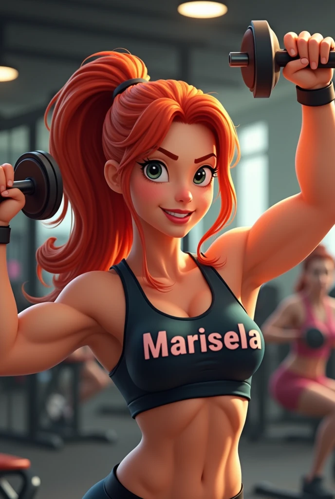 Draw an animated redhead woman training in the gym, that has the word Marisela written on his shirt