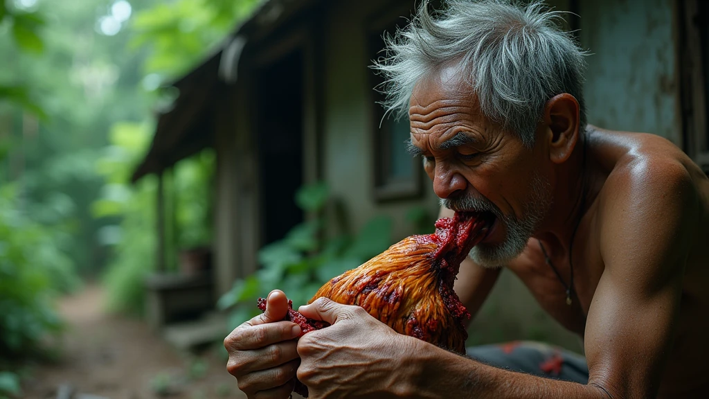 An Thai older man is sitting eat the chicken in the man's mouth is blood He’s Sitting next to an old house inside the forest. Looking from man behind him. 8k