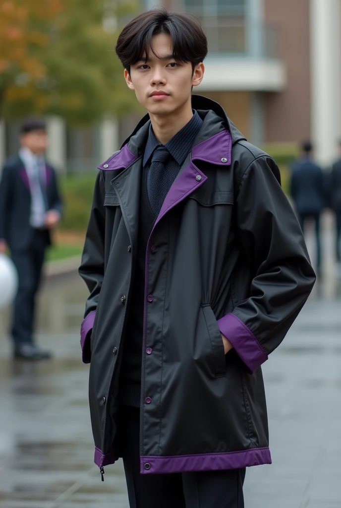 A black and purple cotton raincoat with a simple and elegant design that matches the male student uniform.