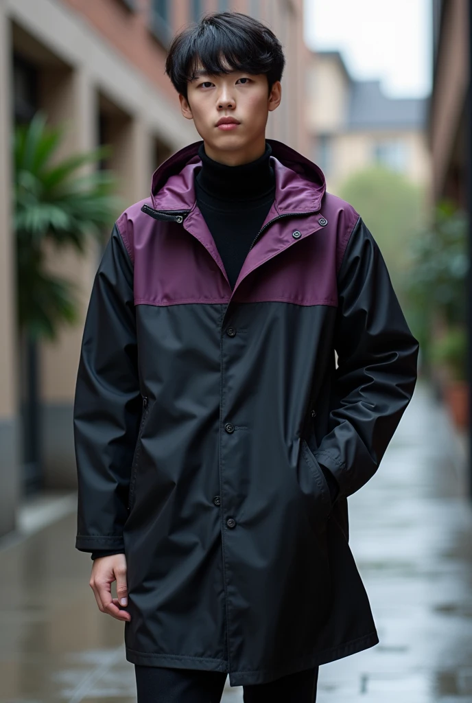 A black and purple cotton raincoat with a simple and elegant design that matches the male student uniform.