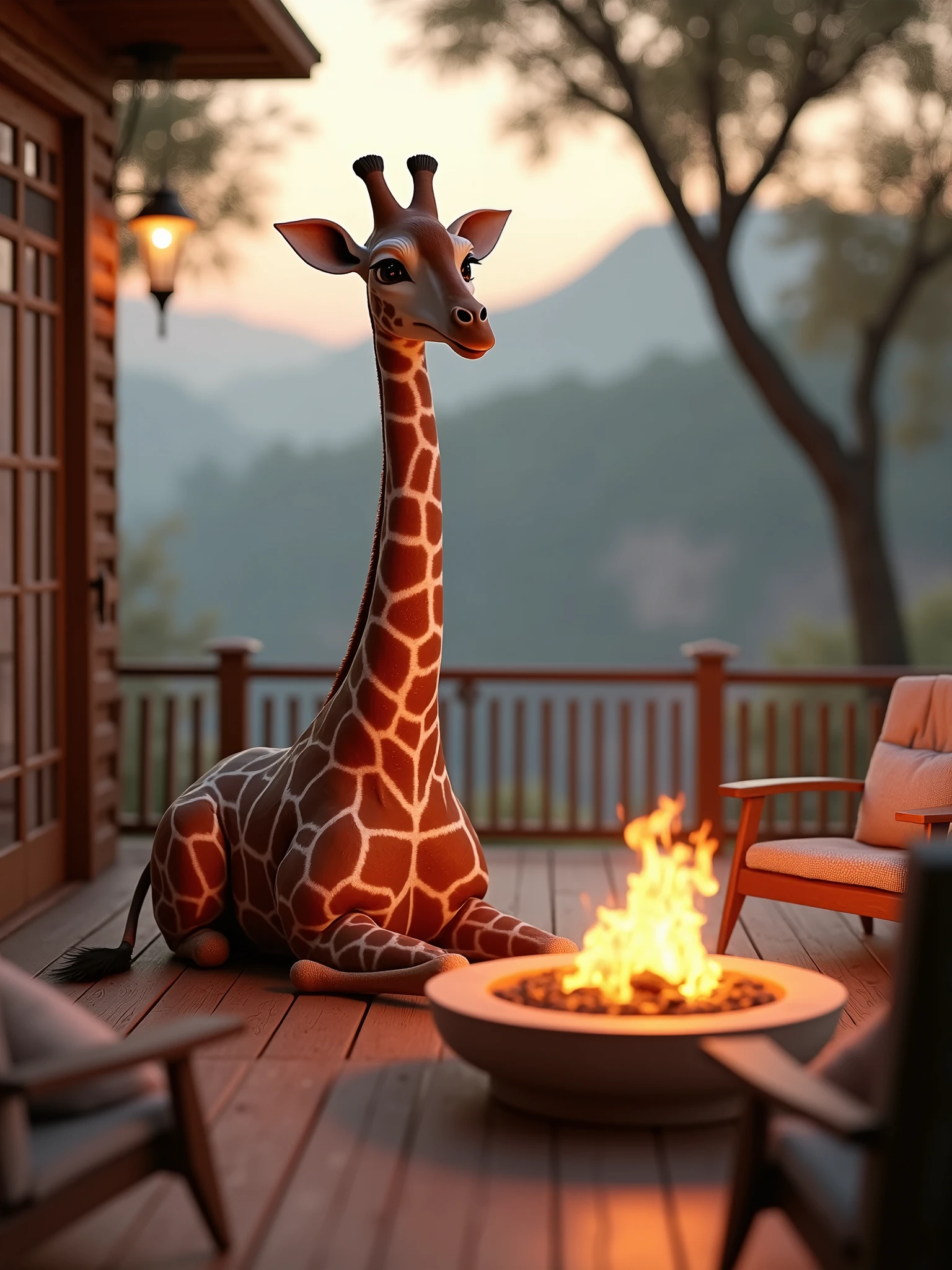 araffe sitting on a deck with a fire pit and chairs, unreal engine ; romantic theme, unreal 5 engine rendered, cinematic render unreal engine, unreal engine cinematic, cinematic unreal engine, unreal 6 breathtaking detailed, realistic unreal engine 3 d game, cinematic smooth unreal engine, rendered unreal engine 5, rendered in unreal 5, unreal engine realistic render, highly realistic unreal engine