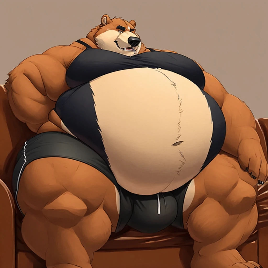 Fat Huge 450 Pounds Daddy Furry Grizzly Bear Big Belly and Large chunky body and wearing Black Shorts and sitting on the sofa His Belly is Bigger, Huge, fat, Chunky, and Furry