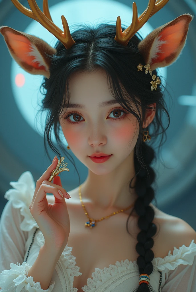 Best Quality, Masterpiece, One Girl, Solo, MODELSHOOT, Amazing, Alina, (((Portrait))), Antlers, Deer Ears, Look at the Users, Smile, Holding a Vibrator. Blush, hair pin,((braid)), hair ornaments. , ((Machine)),