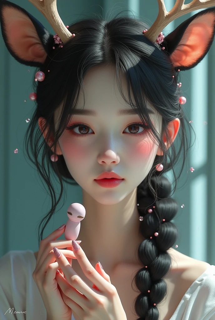 Best Quality, Masterpiece, One Girl, Solo, MODELSHOOT, Amazing, Alina, (((Portrait))), Antlers, Deer Ears, Look at the Users, Smile, Holding a Vibrator. Blush, hair pin,((braid)), hair ornaments. , ((Machine)),