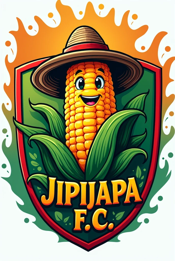 Soccer shield with green and red colors combined, with the word JIPIJAPA F.C and have a small corncob with a hat inside the shield 
