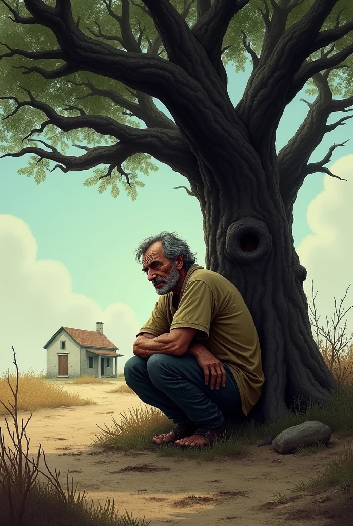 The sad poor farmer crying under the tree