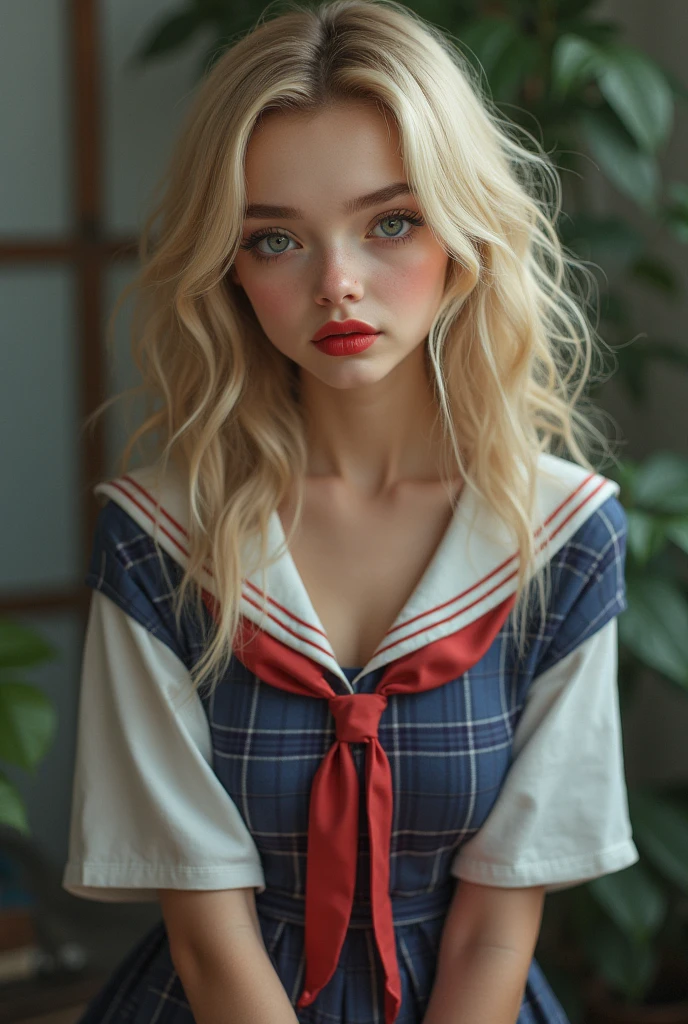 jk school uniform very short plaid skirt very tight shirt blonde hair big green eyes slightly arched forehead, Give my face a unique shape. It flows smoothly into my high, Defined eyebrows. My nose bridge is straight and symmetrical, Lead to a sharp end. My nostrils are small and delicate., Add characters without being overwhelming. My cheekbones are prominent, Highlight my big one, Round eyes are even more. My jawline is strong and defined., Give my face a masculine look despite my feminine features. My neck is long and elegant., It flows effortlessly into my shoulders.. Russian women big pumping lips red lipstick super big fake lips super size lips jk school super short pleated skirt super tight shirt 45 russian silicone face model, I naturally have fine lines and wrinkles around my forehead... These imperfections only make me more human and approachable... They add character and depth to my face., Otherwise, it contrasts beautifully with my otherwise flawless complexion.. Despite these signs of wear,, My overall appearance is still impressive and irresistible.. split