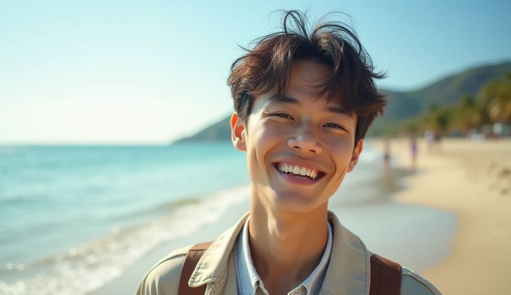 A Japanese male college student wearing fashionable clothes is standing on the beach with a bright expression,Excited, Photo of your face, At the beach, with a natural look, With a slightly tired look, tilt your face a little, Diagonal orientation, Average face