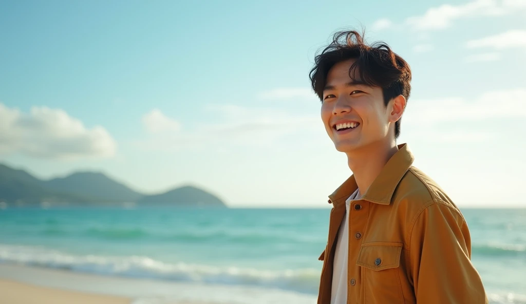 A Japanese male college student wearing fashionable clothes is standing on the beach with a bright expression,Excited, Photo of your face, At the beach, with a natural look, With a slightly tired look, tilt your face a little, Diagonal orientation, Average face