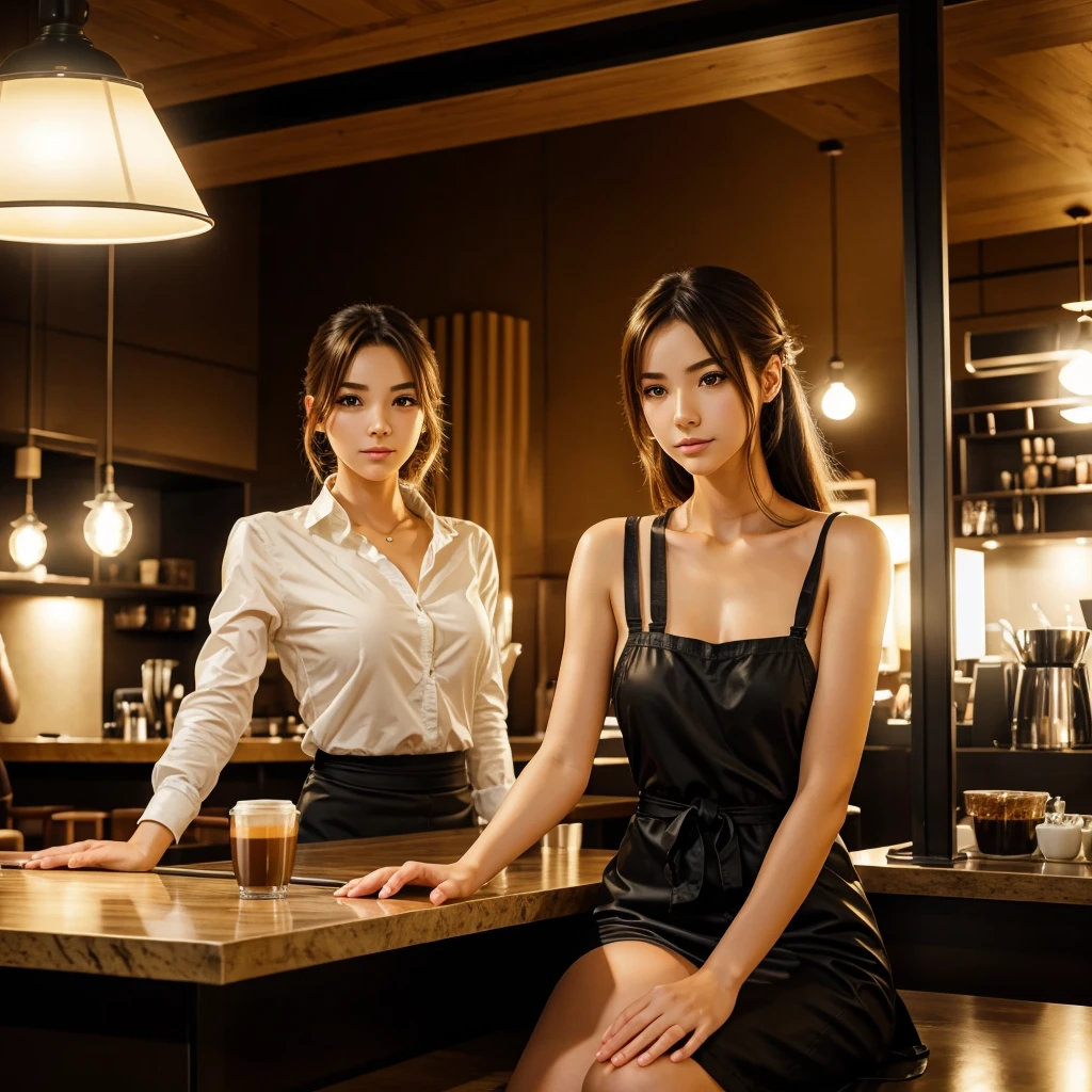 A beautiful anime girl sitting under a lamp all alone in a large café drinking a sip of coffee, illuminous environment, studio style, the counter is closeby with the caffeur standing by the counter