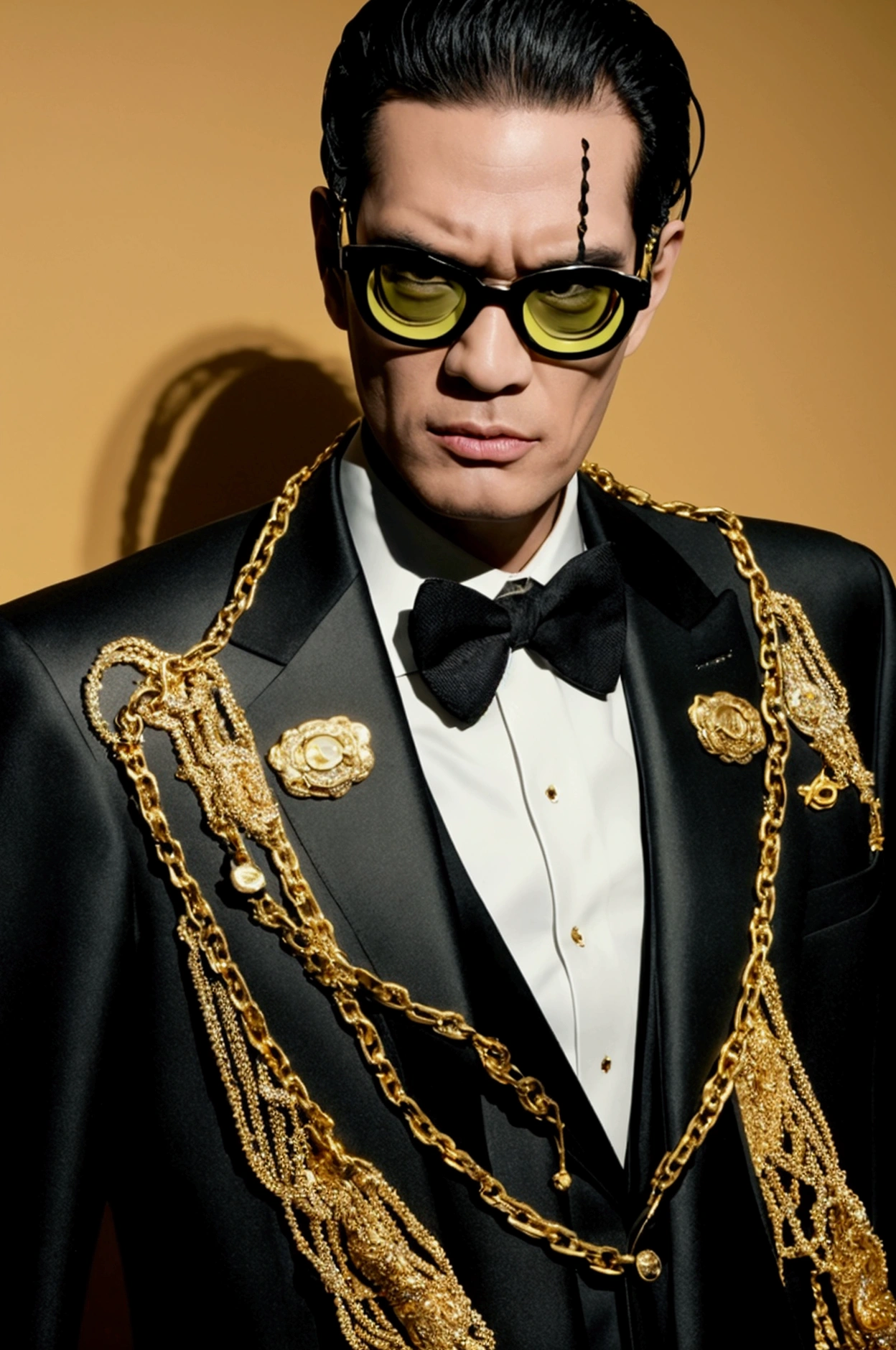 Frankenstein&#39;s monster, rotten, with black glasses, gold watch, thick gold chains, wearing an old suit, ((hyper detailled)), (non duplicate) realisitic