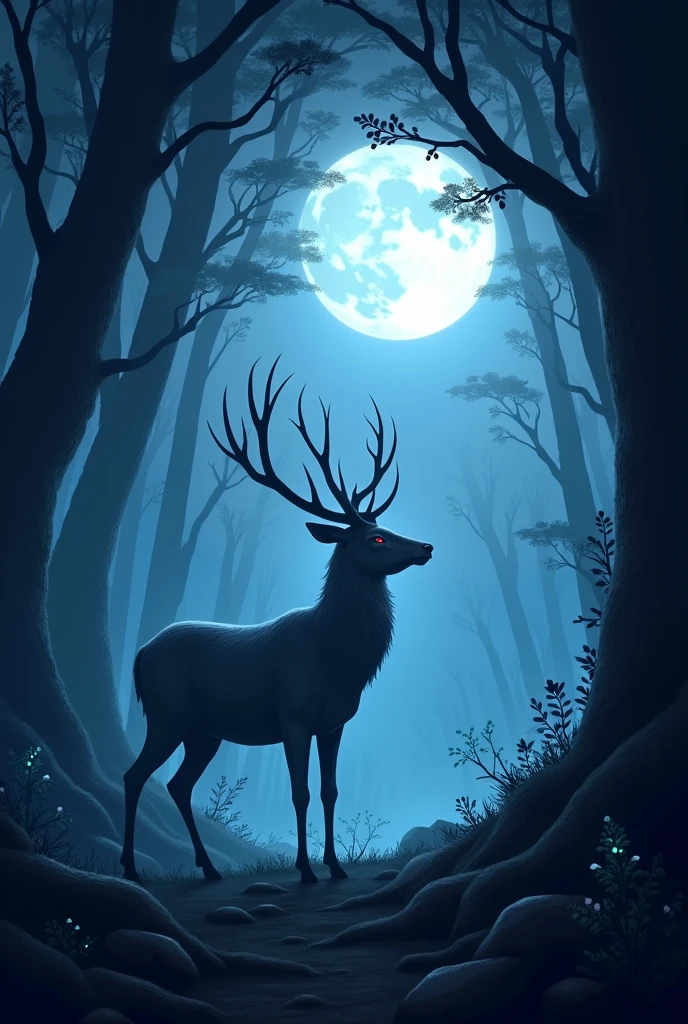 a visually stunning painting of a deer in the woods with a beautiful fullmoon, calm night. digital illustration, night in the forest, in the forest at night, in a forest at night, night forest, the moonlit dance of the fae, ori and the blind forest, hollow knight concept art, moonlit forest environment, moonlit forest, forest spirit