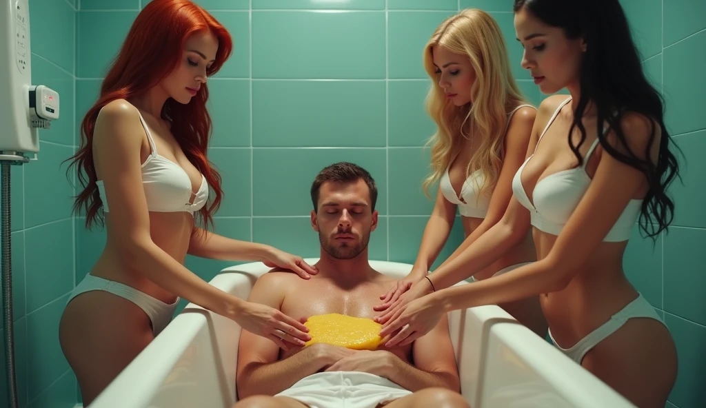 ultra realistic, photography, three girls: one with long straight red hair, (24 years old, hourglass figure, perfect body, natural medium breasts), the second one: long black straight hair, (30 years old, tanned skin, hourglass figure, perfect fit body, natural big breasts), the third one with long straight blonde hair, (wavy elegant hair, blue eyes, perfect round lips, 22 years old, gorgeous face, voluptuous figure, perfect fit body, big enhanced breasts), they are wearing sexy nurse outfits with great cleavage, perfect round cleavage,, they have perfect round cleavage, great cleavage, they are sexy nurses in a hospital, they are bathing a handsome man, he is 30 years old with brown short hair, he is naked in the bathtub filled with warm water, they are standing outside of the bathtub and sensually cleaning his torso with a wet yellow sponge and giving him an erotic massage, he has his eyes closed and lips slightly parted