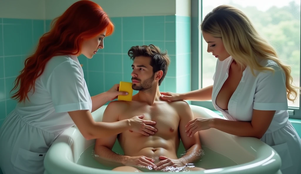 ultra realistic, photography, three girls: one with long straight red hair, (24 years old, hourglass figure, perfect body, natural medium breasts), the second one: long black straight hair, (30 years old, tanned skin, hourglass figure, perfect fit body, natural big breasts), the third one with long straight blonde hair, (wavy elegant hair, blue eyes, perfect round lips, 22 years old, gorgeous face, voluptuous figure, perfect fit body, big enhanced breasts), they are wearing sexy nurse outfits with great cleavage, perfect round cleavage,, they have perfect round cleavage, great cleavage, they are sexy nurses in a hospital, they are bathing a handsome man, he is 30 years old with brown short hair, he is naked in the bathtub filled with warm water, they are standing outside of the bathtub and sensually cleaning his torso with a wet yellow sponge and giving him an erotic massage, he has his eyes closed and lips slightly parted