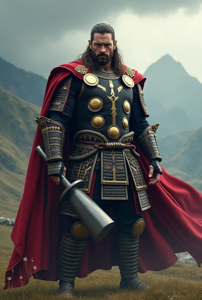 Thor in samurai armor, hammer, red cape