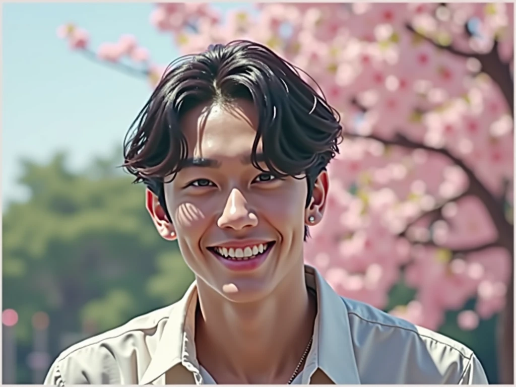 {high resolution}, {{male1名}}, {{Highest quality}}, , (8k, Highest quality, masterpiece:1.2, Very detailed), (Realistic, photoRealistic) , male, Ulzzang is cool, Handsome, Ulzzang, White shirt, Smiling with a park in the background, Hall々It is said that, manly