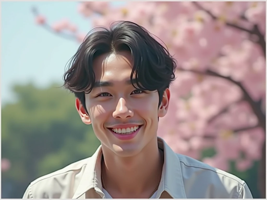 {high resolution}, {{male1名}}, {{Highest quality}}, , (8k, Highest quality, masterpiece:1.2, Very detailed), (Realistic, photoRealistic) , male, Ulzzang is cool, Handsome, Ulzzang, White shirt, Smiling with a park in the background, Hall々It is said that, manly