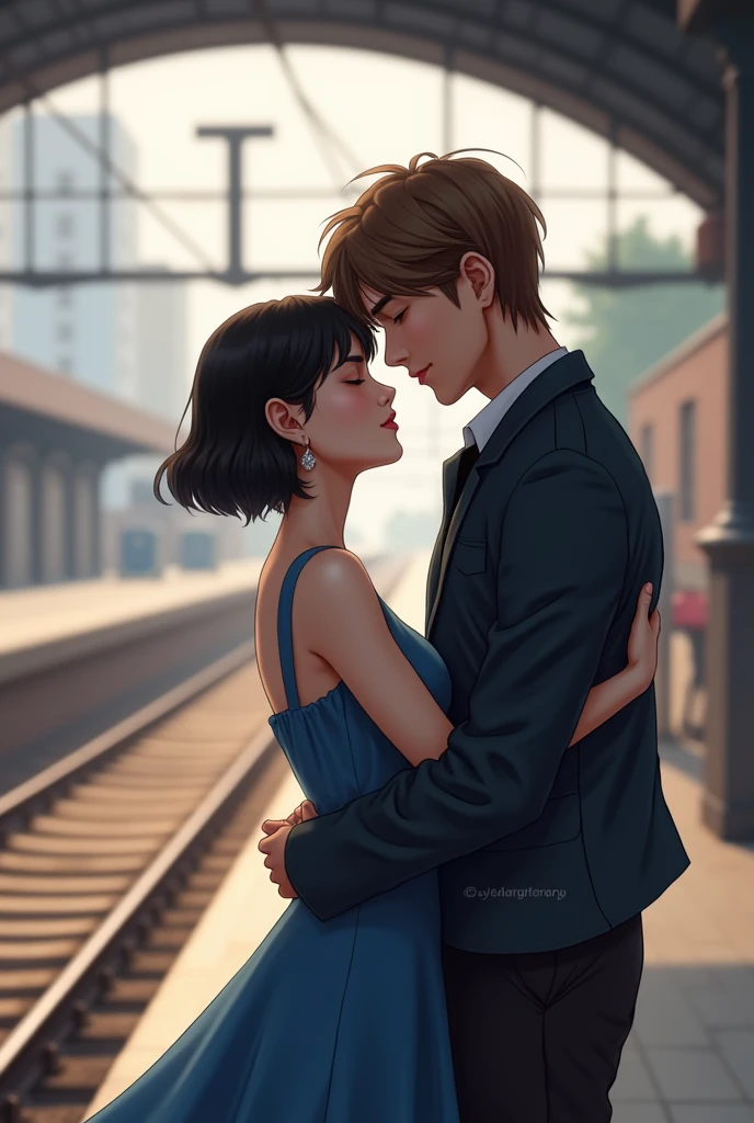 1girl, short_hair, brown_hair, black_hair, dress, 1boy, long_sleeves, original, jewelry, standing, closed_eyes, jacket, ponytail, full_body, earrings, hetero, shoes, artist_name, pants, hood, indoors, black_footwear, high_heels, blurry, from_side, coat, profile, depth_of_field, blue_dress, watermark, blurry_background, couple, denim, kiss, jeans, age_difference, train, train_station, railroad_tracks