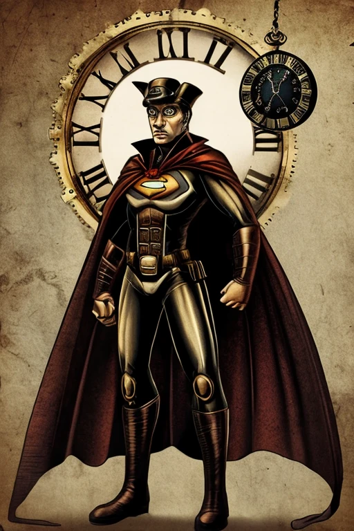 Superhero wearing a cape, with a clock for a head, Steampunk