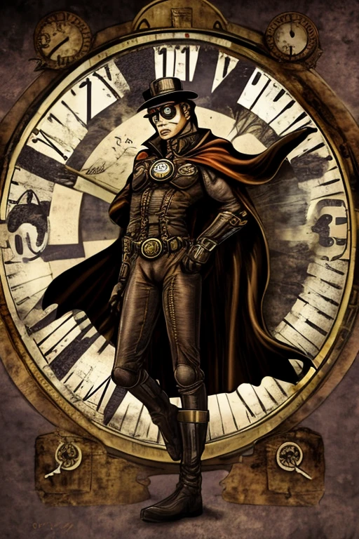 Superhero wearing a cape, with a clock for a head, Steampunk