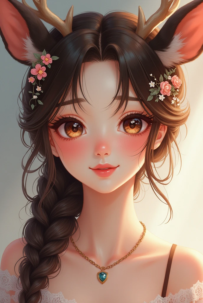 best quality,masterpiece, 1 girl, solo, MODELSHOOT, amazing, Alina, (((portait))), anthlers, deer ears, look at users, smile, blush, hairpin,(( braid)), hair ornaments, ((hairclip)),