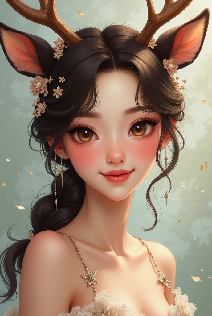 best quality,masterpiece, 1 girl, solo, MODELSHOOT, amazing, Alina, (((portait))), anthlers, deer ears, look at users, smile, blush, hairpin,(( braid)), hair ornaments, ((hairclip)),