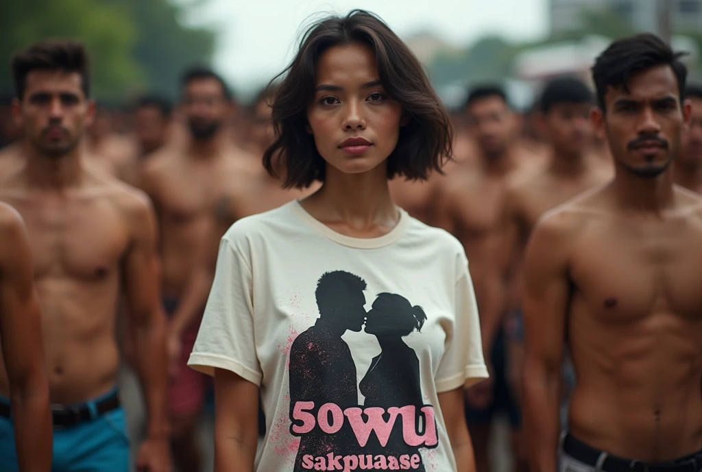 A beautiful Indonesian girl, wearing a t-shirt with a strong t-shirt vector design featuring a silhouette image of a couple having sex in pastel colours. The sentence "50 EWU SAKPUASE" is displayed with bold and distressed typography, short wavy hair, in a public place, surrounded by many naked men, large and sexy breasts, with a shooting angle from the front, very realistic, (complex detail: 0. 9), (hdr, hyperdetail: 1.2), RAW, Sony Alpha a9 II, 24-105mm f/4, HDR,