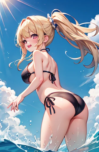 (Highest quality), (masterpiece), (Ultra-high resolution), whole body,  girl, Blonde, Ponytail, A big smile, Big Breasts, bikini, Seaside, Excited, Splash, Looking back at me from behind