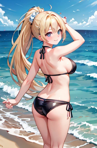 (Highest quality), (masterpiece), (Ultra-high resolution), whole body, age girl, Blonde, Ponytail, A big smile, Big Breasts, bikini, Seaside, Excited, Splash, Looking back at me from behind