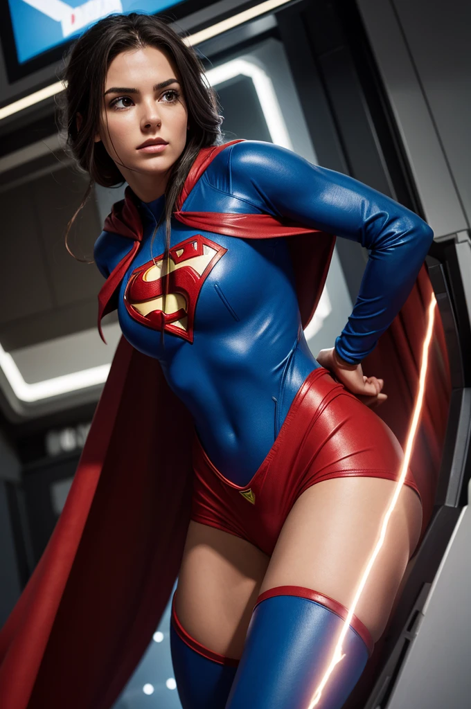 HYPER 3D REALISTIC. a scene where a female hacker, engrossed in her work at a computer, suddenly gets zapped with electricity from the computer into her chest knocking her back. As the electricity courses through her, a Superman suit begins to digitaly materialize on her body. Her casual clothes are replaced by the iconic blue suit with the 'S' emblem on her chest, red boots, and a flowing red cape.with sparks of electricity still crackling around her enlarged body