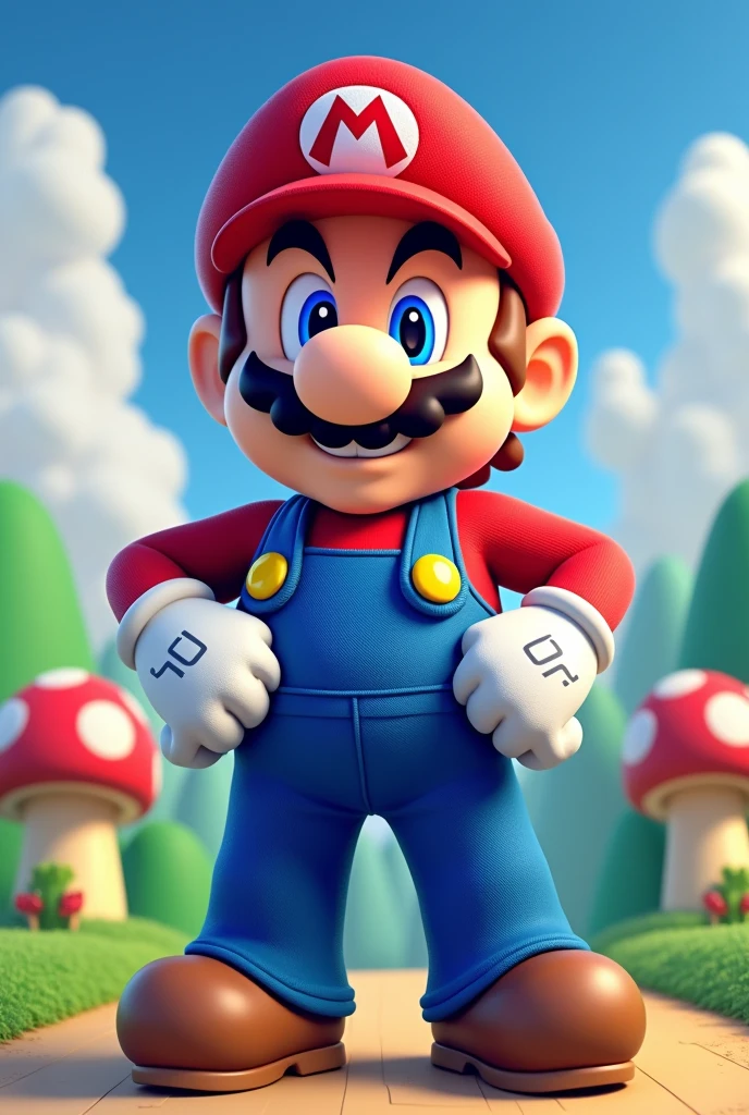 Super mario bros with perfect face, with hat, White Glove, will mark blue, Red shirt,