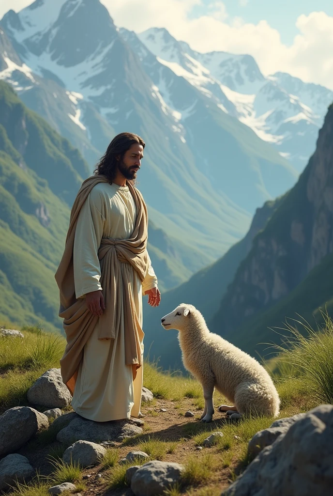 jesus and lamb in mountain