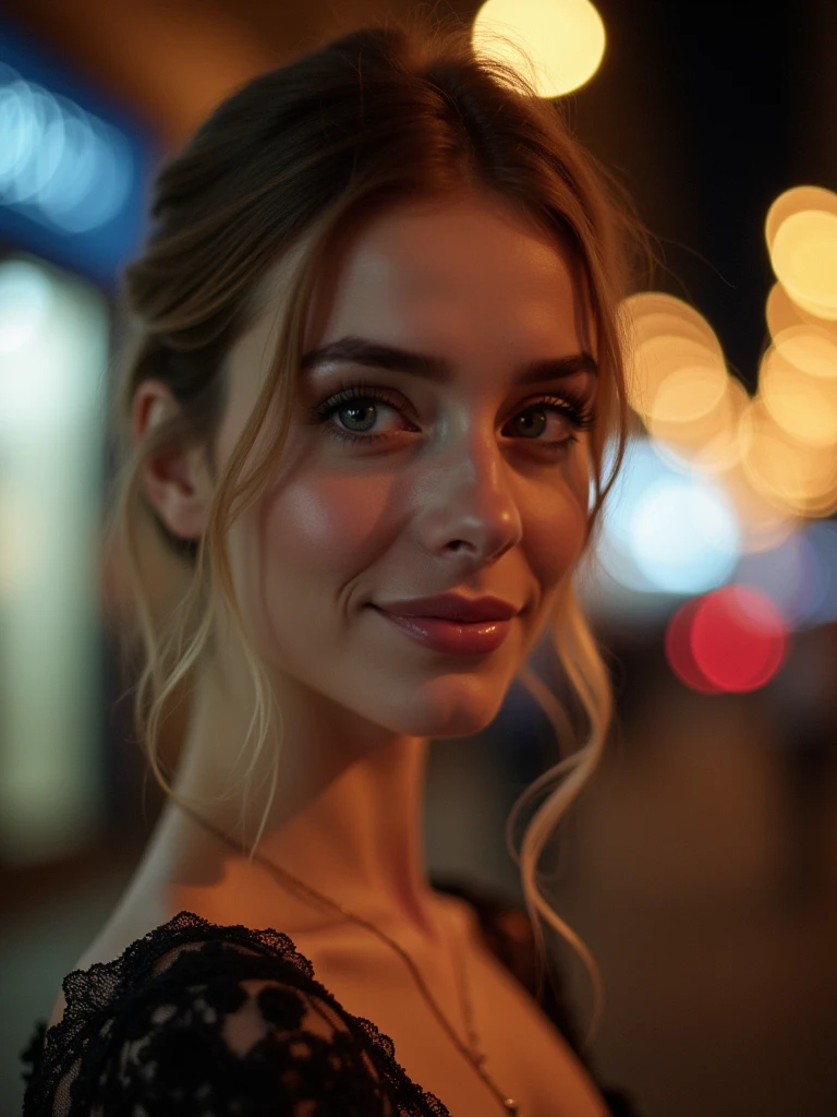instagram photo, closeup face photo of 18 y.o swedish woman in dress, beautiful face, makeup, night city street, bokeh