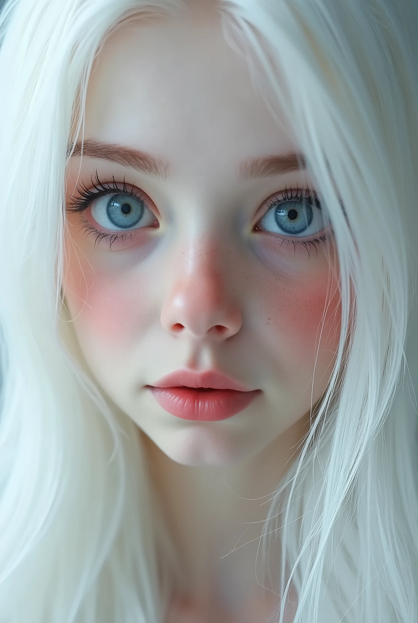 a girl with white long hair blue eyes white pale skin red lips white eyebrows button nose 